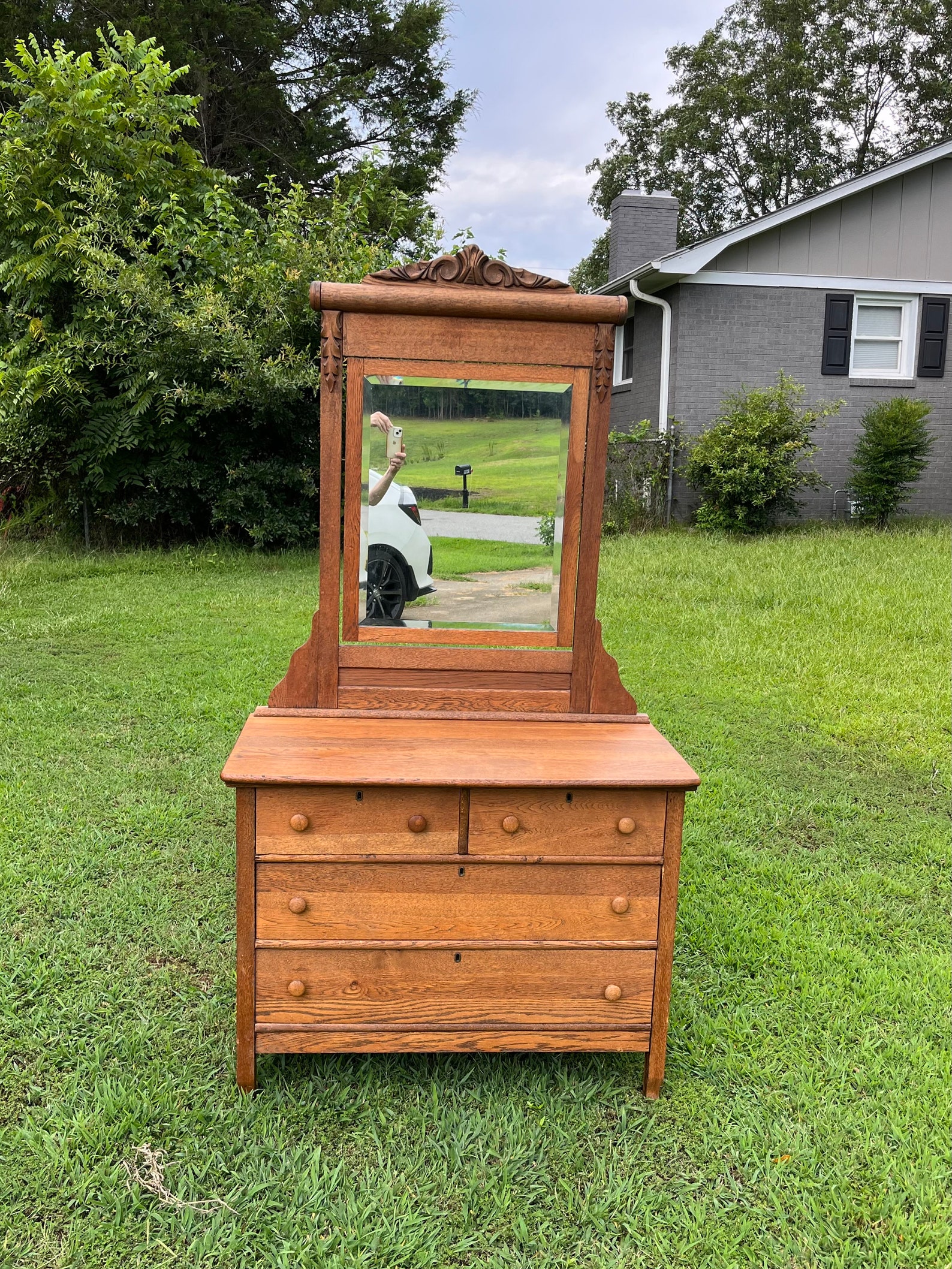 Antique Vintage Oak Farmhouse Washstand Dresser With Mirror and 4 ...