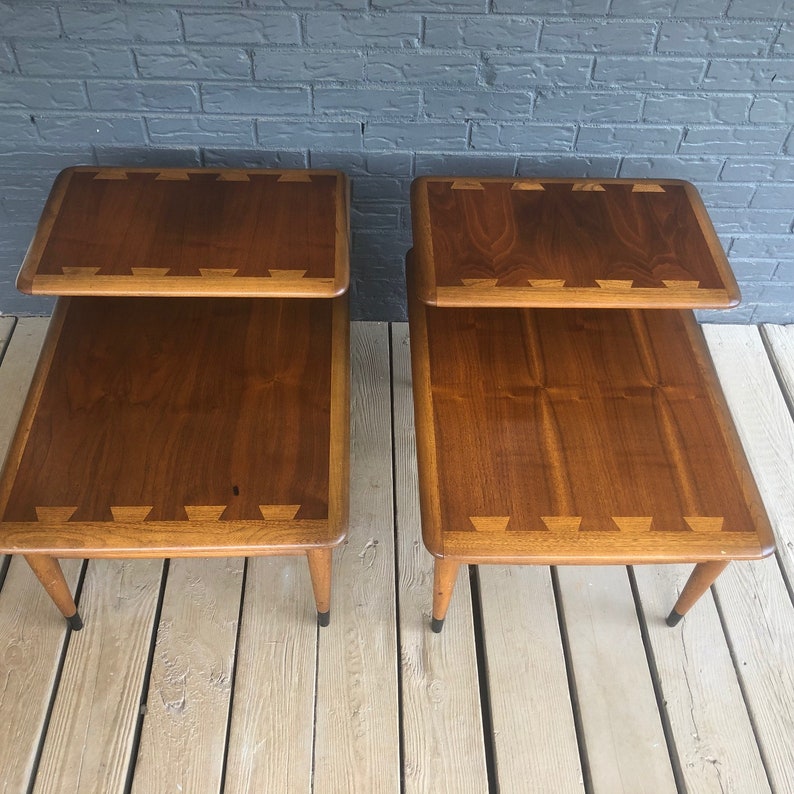 Vintage Pair Of Lane Acclaim Inlaid Wood Side End Tables Two Tiers Mid Century Modern