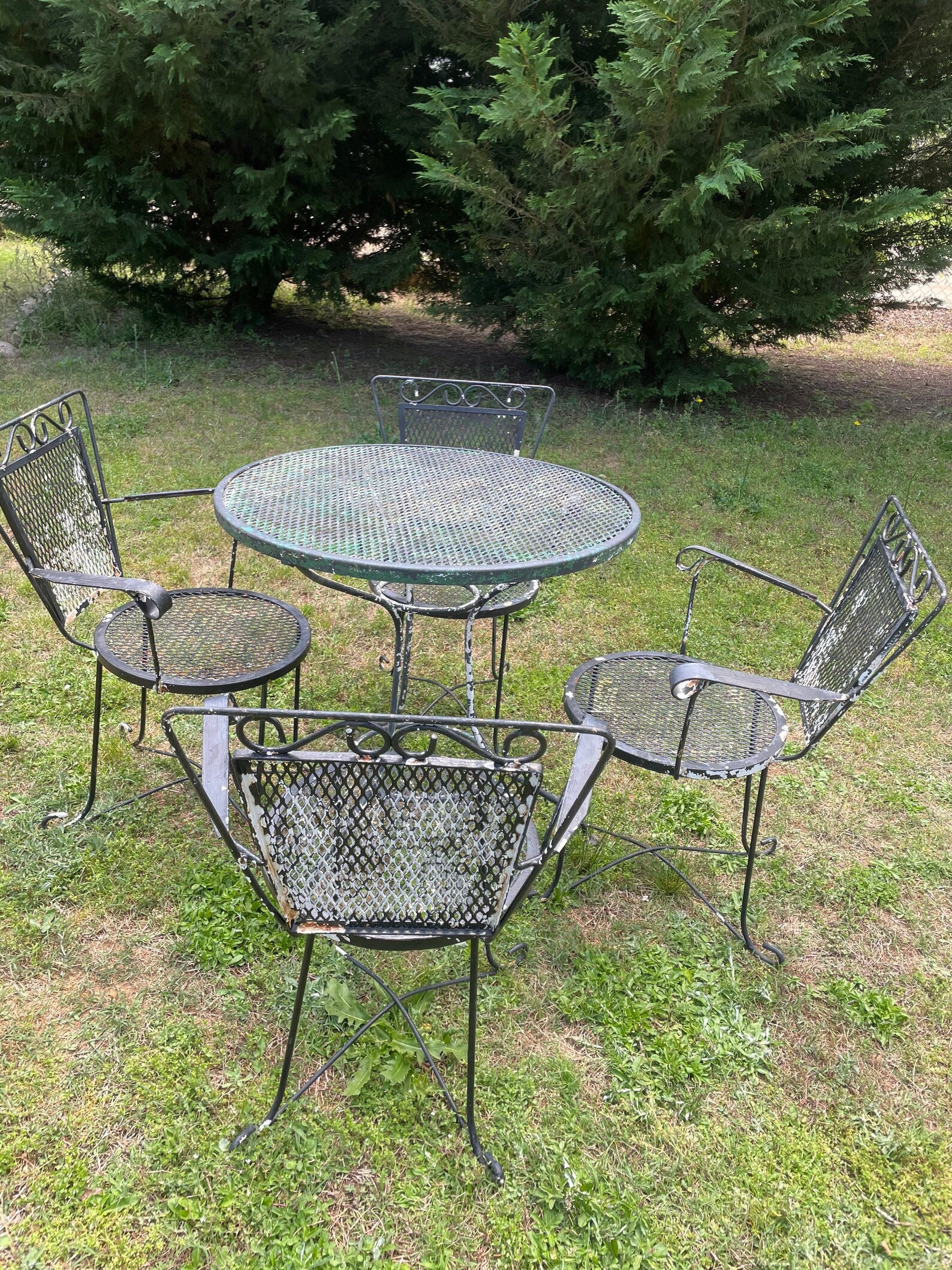 Vintage Wrought Iron Patio Set Bistro Table 4 Chairs Black Etsy