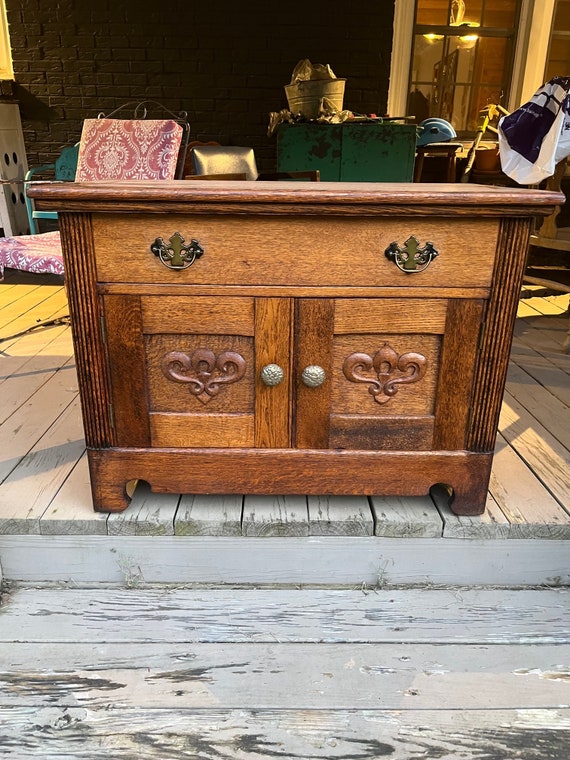 Antique Vintage Low Oak Cabinet , One Drawer, Two Compartments