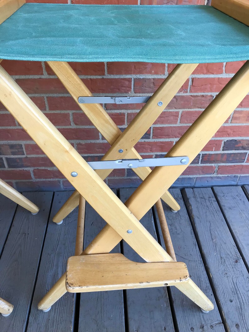 Vintage Pair of Two Tall Director Chairs Bar Stools Wood Frame Green