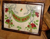 Vintage Native American Framed Beaded Art American Beauty mulberry c 1920 Chippewa