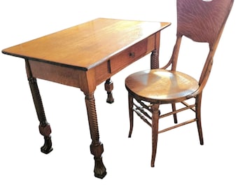 Local Pickup Only -- Early Tiger Oak Claw Foot Barley Twist Desk & Thonet Style Chair Set