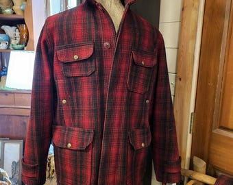 Woolrich Red Black Plaid Jacket Wool Mackinaw 1950s-1960s Hunting
