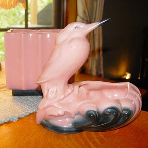Mid‑century pink / black pottery pair - Crane or Sandpiper Bird Planter & Fluted Deep Vase