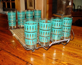 MCM Atomic 1950s 1960s Aqua Turquoise Glasses Tumblers & Caddy