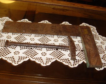 19th c. Tools ~ Hand hammered 'hammer' and brass inlaid antique square - Primitive