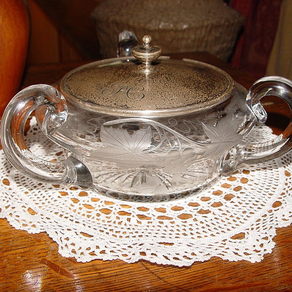 American Brilliant Period Crystal Glass Jam or Sugar Jar with Sterling Silver Monogrammed Lid "PC"
