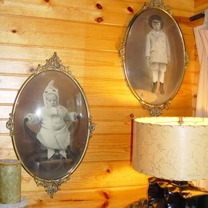 Victorian Hand Colored Photos of Brother, Sister - Oval Brass Frames, Convex Glass