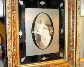 Victorian Sisters Photo Portrait, Ornate Sponged Frame 1900s Folk Art