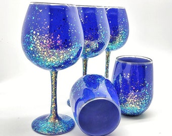 Royal Blue Purple Hand Painted Wine Glass in Stemmed or Stemless with Iridescent Glitter