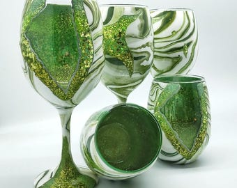 Peridot Green Geode Agate Inspired Hand Painted Wine Glass in Stemmed or Stemless with Hydrodip Shell