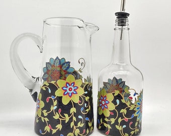 Bohemian Hand Painted Bottle or Pitcher for Olive Oil Juice Mixed Cocktails