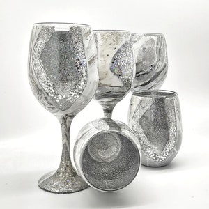 Silver Geode Agate Inspired Hand Painted Wine Glasses in Stemmed or Stemless with Glitter and Hydro Dipped Shell