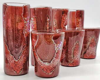 Ruby Red Geode Agate Hand Painted Glass Tumbler or Low Ball Rocks Glass