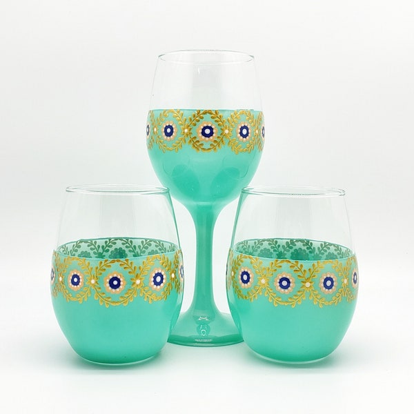 Boho Painted Wine Glasses in Stemmed or Stemless in Pale Turquoise Gold Navy and Coral