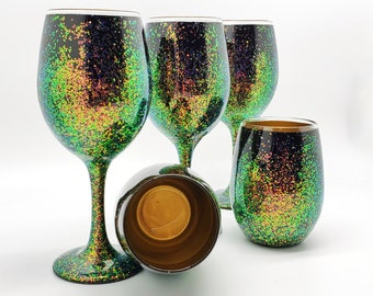 Chameleon Color Shift Glitter Hand Painted Wine Glass in Stemmed or Stemless