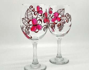 Pink Flower Wine Glass Hand Painted in Stemmed or Stemless