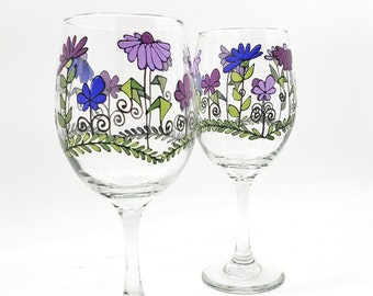 Purple Floral Wine Glass Hand Painted with Whimsical Accents