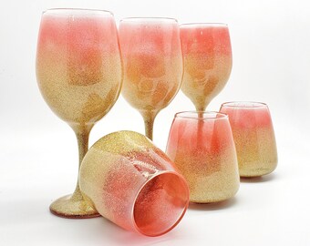 Red Gold Glitter Wine Glasses Hand Painted or Matching Bottle or Decanter with Topper