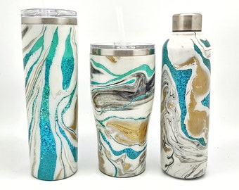 Turquoise Geode Agate Inspired Stainless Steel Tumbler with Lid and Straw in Different Size Options