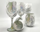 White Diamond Opal Agate and Geode Inspired Hand Painted Wine Glass in Stemmed or Stemless
