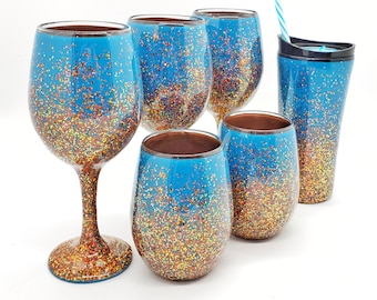 Copper Turquoise Glitter Glasses Hand Painted in Stemmed Stemless or Plastic Tumbler