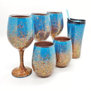 Copper Turquoise Glitter Glasses Hand Painted in Stemmed Stemless or Plastic Tumbler