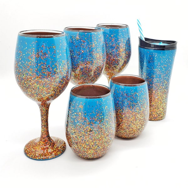 Copper Turquoise Glitter Glasses Hand Painted in Stemmed Stemless or Plastic Tumbler