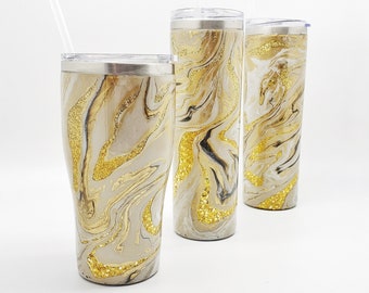Gold Geode Agate Inspired Stainless Steel Tumblers with Lid and Straw Hand Painted