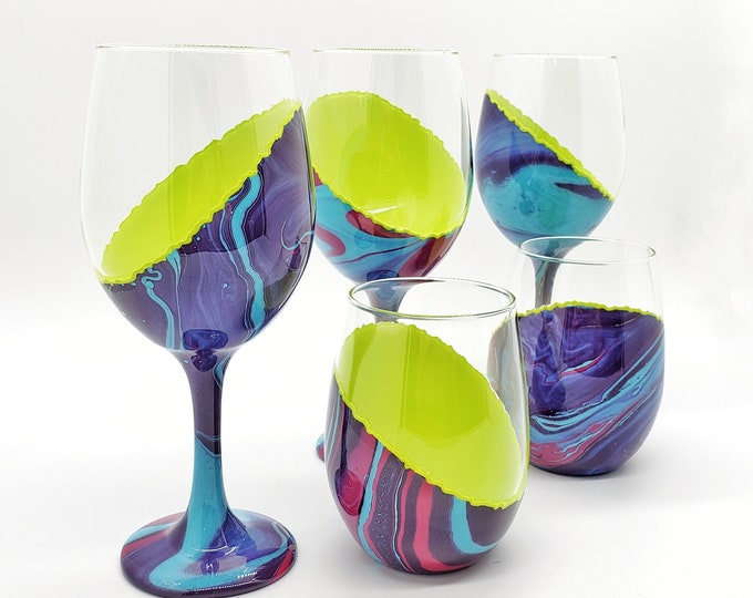 Marbled Wine Glass Hand Painted in Lime Green Magenta Purple and Turquoise