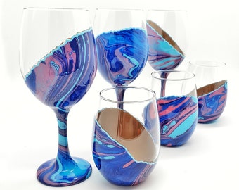 Marbled Pink Navy and Turquoise Wine Glass in Stemmed or Stemless with Gold Copper Inner Shell