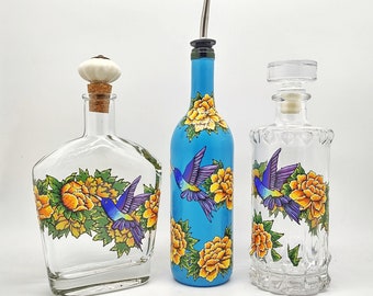 Hummingbird Peony Bottles in Assorted Sizes for Use as a Carafe Decanter Olive Oil Bottle