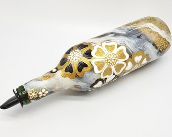 Glitter Olive Oil Bottle Hand Painted in White Gold and Black with Floral Accents
