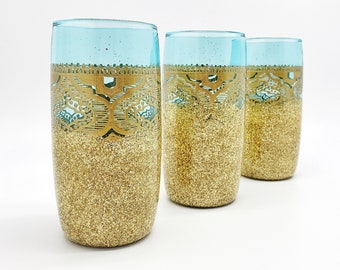 Set of 4 Glitter Glass Tumblers Hand Painted with Gold in Moroccan Boho Pattern