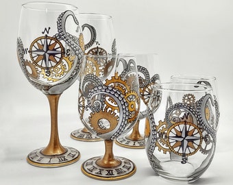 Steampunk Glassware Hand Painted in Assorted Sizes with Gold and Copper Accents
