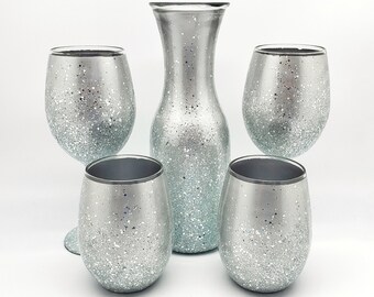 Blue Silver Glitter Wine Glass or Carafe Hand Painted for Wedding Anniversary or Birthday