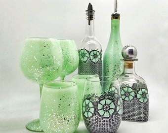 Painted Wine Glasses in Mint Green and Black with Glitter or Matching Decanter or Bottle