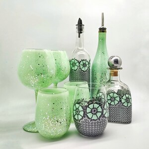 Painted Wine Glasses in Mint Green and Black with Glitter or Matching Decanter or Bottle