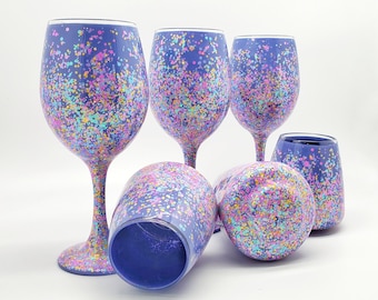 Lilac Glitter Wine Glass Hand Painted in Stemmed or Stemless with Pink Turquoise and Yellow Accents