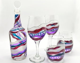 Stained Glass Abstract Hand Painted Wine Glasses in Stemmed Stemless Matching Carafe or Glass Pitcher