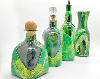 Emerald Jade Geode and Agate Inspired Assorted Bottles with Glitter Accents and Hydro Dipped Exterior