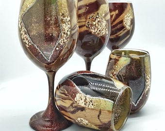 Tigers Eye Brown Inspired Geode Agate Wine Glass Hand Painted in Stemmed or Stemless