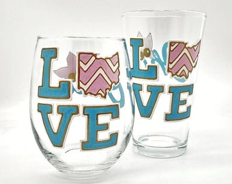 Love Ohio Hand Painted Stemless Wine Glass or Pint Glass in Turquoise Gold and Pink