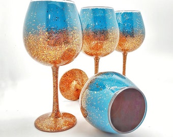 Copper Turquoise Glitter Bling Wine Glass Hand Painted for Any Occassion