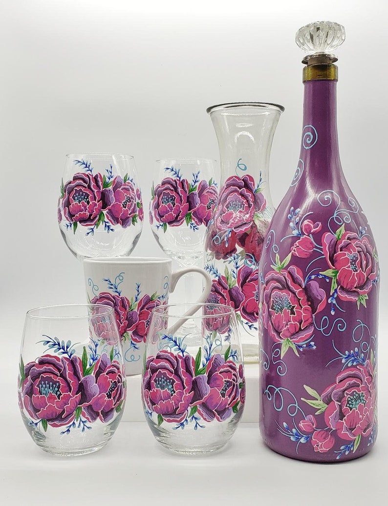 Peony Rose Bottle Hand Painted in Pink and Purple with Crystal Topper for Olive Oil Soap