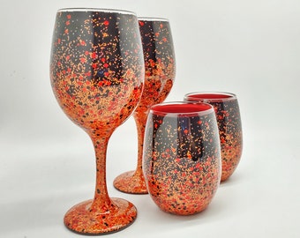 Glitter Wine Glasses Hand Painted in Stemmed or Stemless in Black Red and Orange