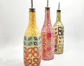 Modern Design Bottle Hand Painted for Olive Oil Or Soap with Pour Spout in 3 Color Options