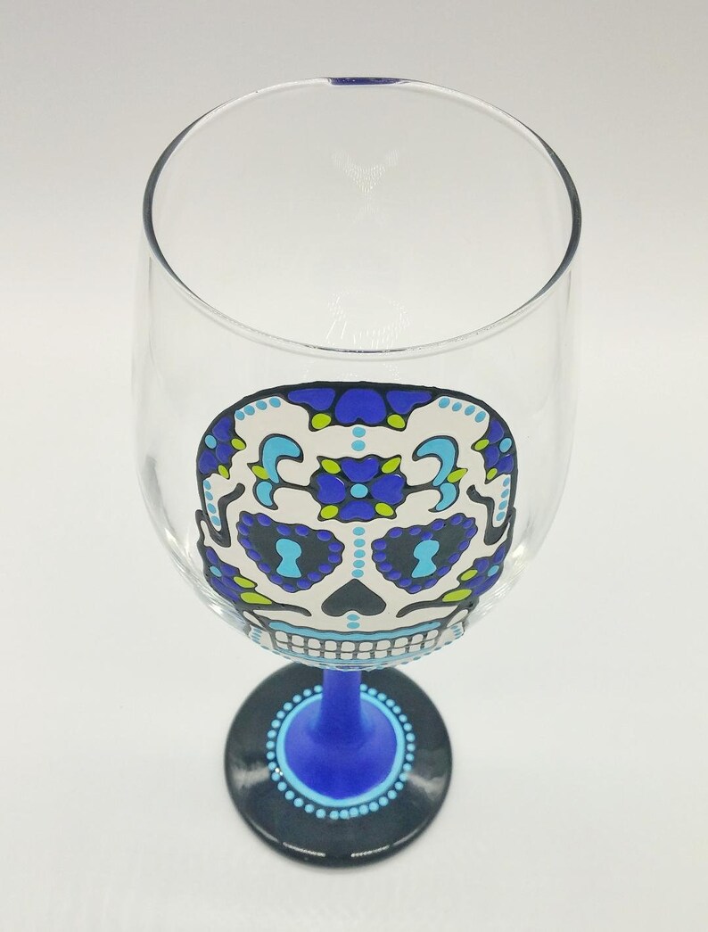 Blue Sugar Skull Hand Painted Wine Glass Stemmed or Stemless Dia de los Muertos Day of the Dead