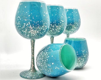 Painted Wine Glass with Glitter in Stemmed or Stemless or Matching Wine Decanter with Hand Painted Rose Peonies